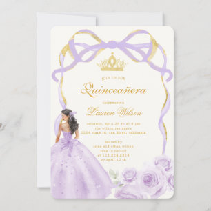 Whimsical Purple Gold Bow Floral Quinceañera Invitation