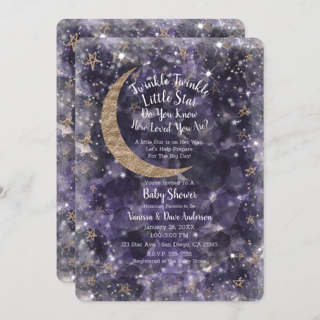 Whimsical Purple Gold Moon Stars Baby Shower Invitation (Front/Back)