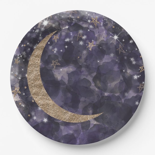 Whimsical Purple Gold Moon Stars Baby Shower Paper Plates (Front)