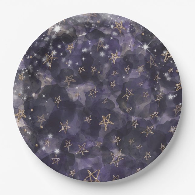 Whimsical Purple Gold Moon Stars Baby Shower Paper Plates (Front)