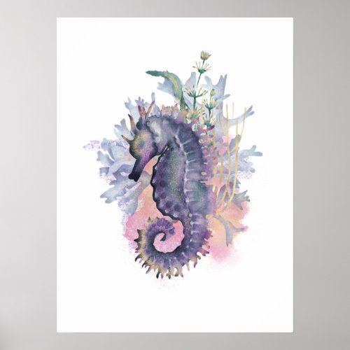 Whimsical Purple  Gold Watercolor Seahorse Poster