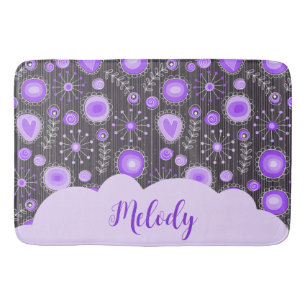 Whimsical purple grey heart and flower floral name bath mat