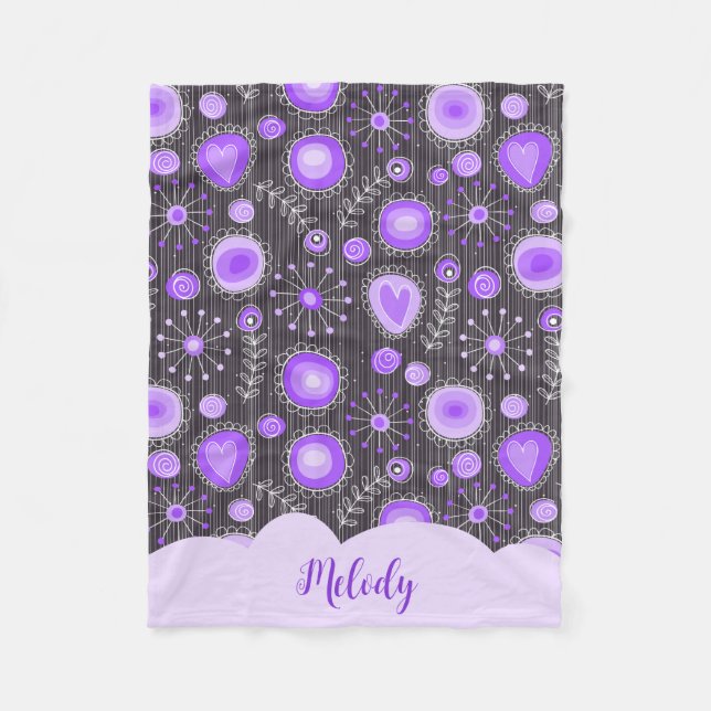 Whimsical purple grey heart and flower floral name fleece blanket (Front)