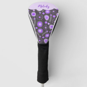 Whimsical purple grey heart and flower floral name golf head cover