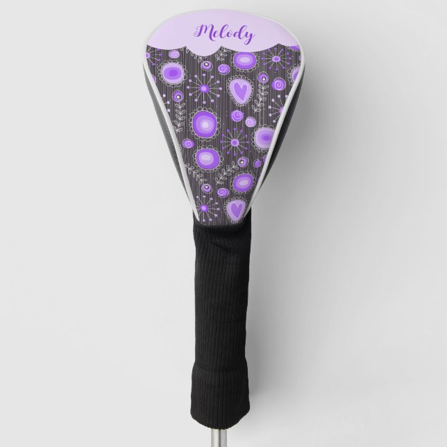 Whimsical purple grey heart and flower floral name golf head cover (Front)