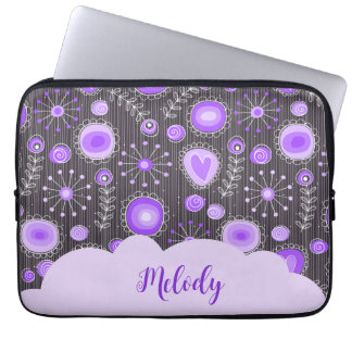 Whimsical purple grey heart and flower floral name laptop sleeve