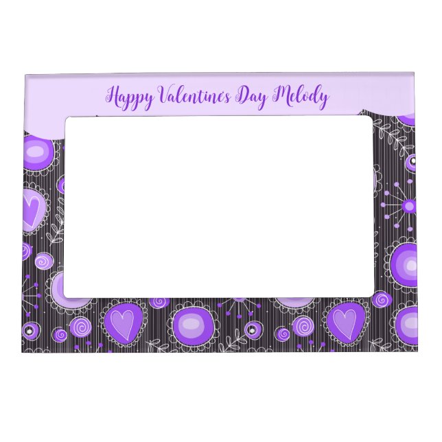 Whimsical purple grey heart and flower floral name magnetic frame (Front)