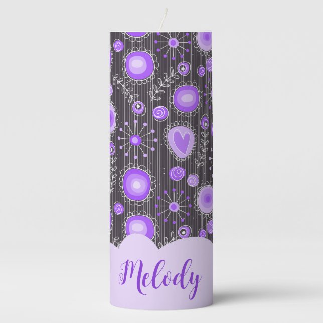 Whimsical purple grey heart and flower floral name pillar candle (Front)