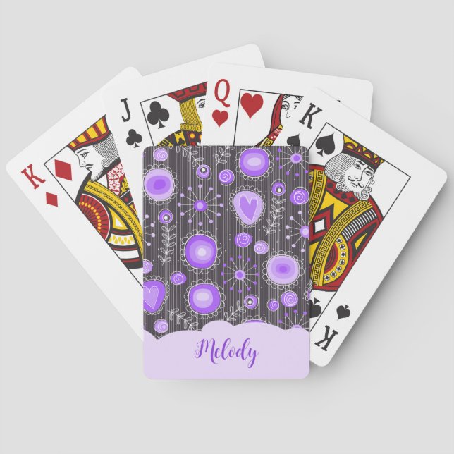 Whimsical purple grey heart and flower floral name poker cards (Back)