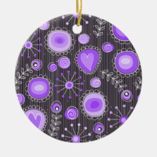 Whimsical purple grey hearts and flowers floral ceramic ornament