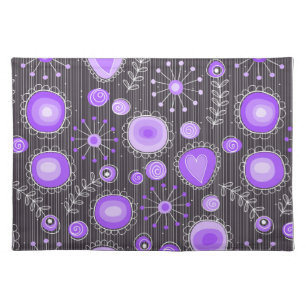 Whimsical purple grey hearts and flowers floral cloth placemat