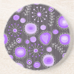 Whimsical purple grey hearts and flowers floral coaster