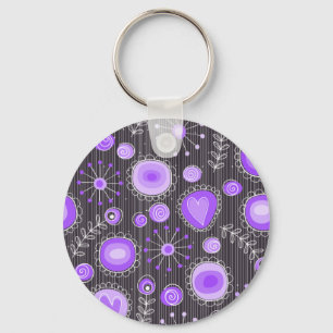 Whimsical purple grey hearts and flowers floral keychain