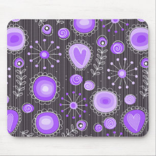 Whimsical purple grey hearts and flowers floral mouse pad