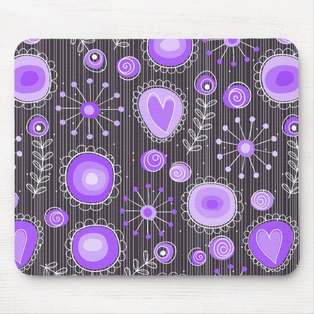 Whimsical purple grey hearts and flowers floral mouse pad (Front)