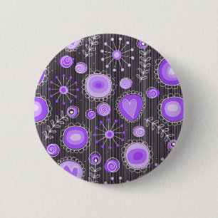 Whimsical purple grey hearts and flowers floral pinback button