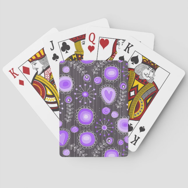 Whimsical purple grey hearts and flowers floral poker cards (Back)