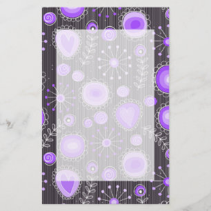 Whimsical purple grey hearts and flowers floral stationery