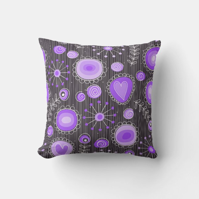 Whimsical purple grey hearts and flowers floral throw pillow (Front)