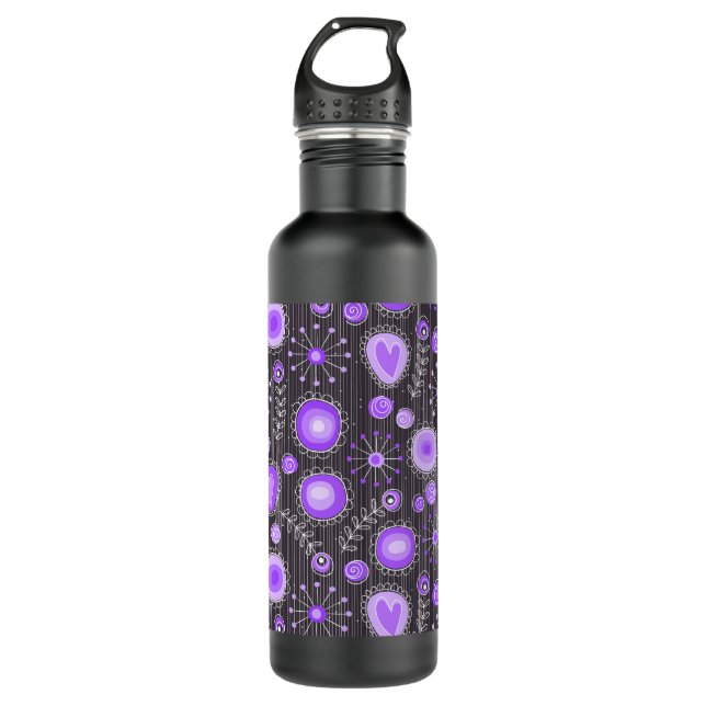 Whimsical purple grey hearts and flowers floral water bottle (Front)