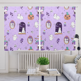 whimsical purple halloween spooky ghost creepy cat blackout curtains