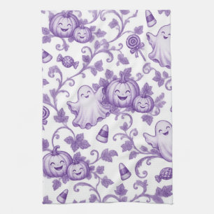 Whimsical Purple Halloween Toile Pattern Cute Kids Kitchen Towel