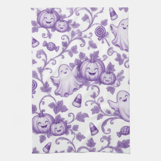 Whimsical Purple Halloween Toile Pattern Cute Kids Kitchen Towel
