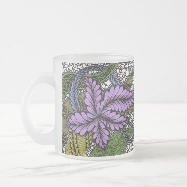 Whimsical Purple Leaf Flower Zentangle Pattern Fro Frosted Glass Coffee Mug (Left)