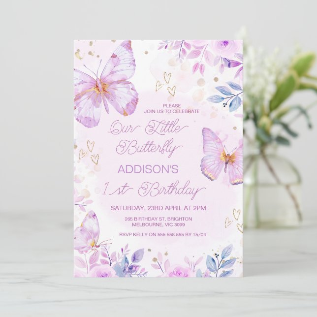 Whimsical Purple Little Butterfly 1st Birthday Invitation (Standing Front)