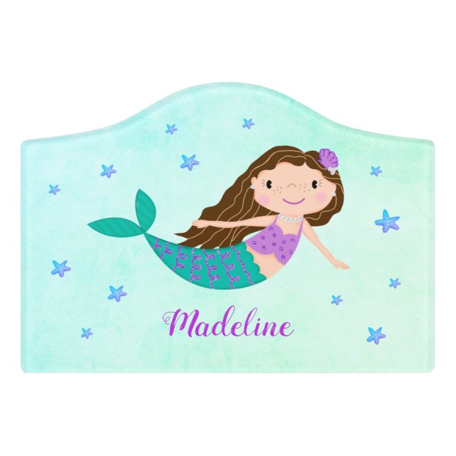 Whimsical Purple Mermaid Starfish Glitter Door Sign (Small Crest Front)