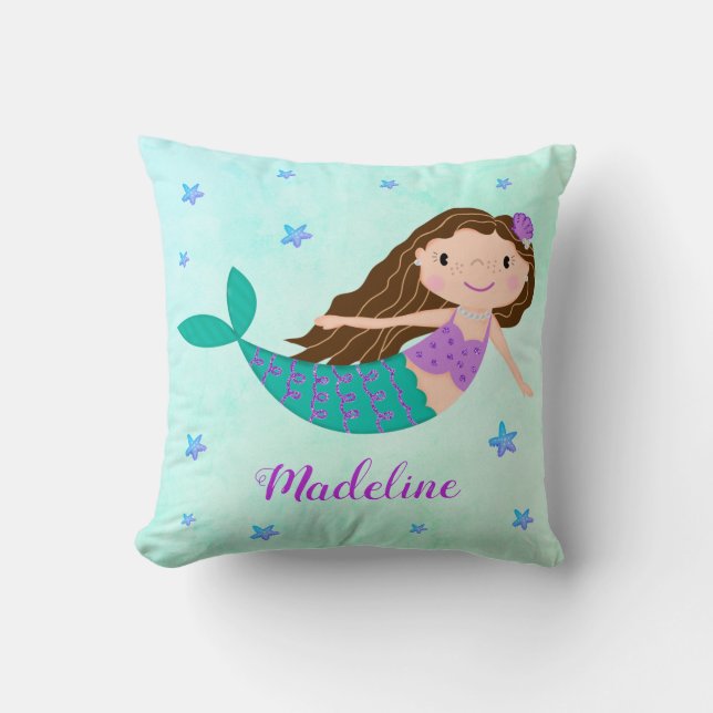Whimsical Purple Mermaid Starfish Glitter Throw Pillow (Front)