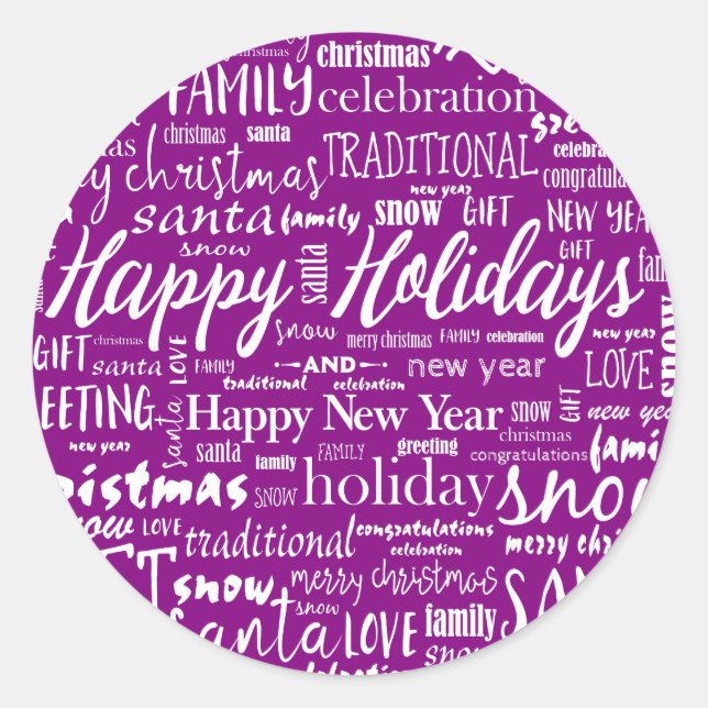 Whimsical Purple Merry Christmas Joyful Script Classic Round Sticker (Front)