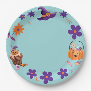 Whimsical Purple Orange Kids Halloween Party Paper Plates