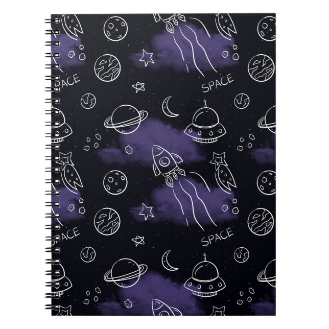 Whimsical Purple Outer Space Seamless Pattern Notebook (Front)