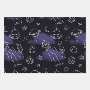Whimsical Purple Outer Space Seamless Pattern Wrapping Paper Sheets