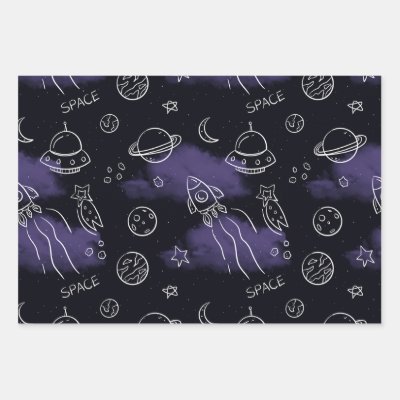 Whimsical Purple Outer Space Seamless Pattern Wrapping Paper Sheets