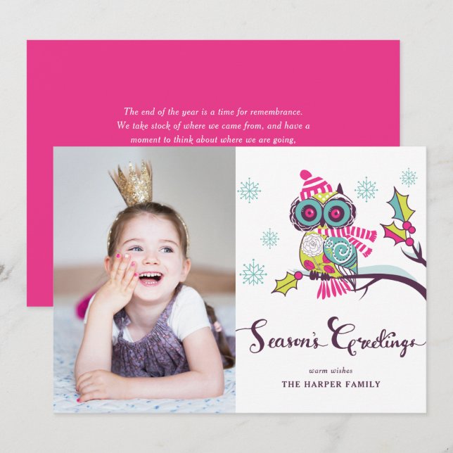 Whimsical Purple Owl and Snowflakes Holiday Photo (Front/Back)