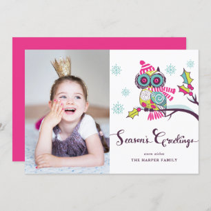 Whimsical Purple Owl and Snowflakes Holiday Photo