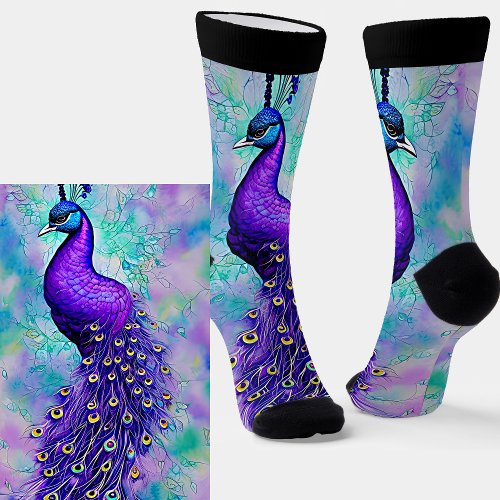 Whimsical Purple Peacock with Tail Feathers Socks