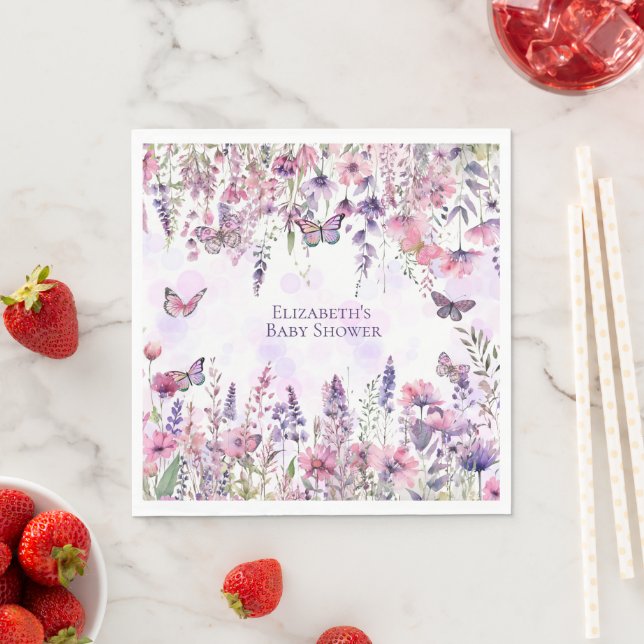 Whimsical Purple Pink Butterflies & Wildflowers Napkins (Insitu)
