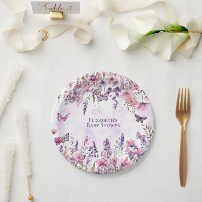 Whimsical Purple Pink Butterflies & Wildflowers Paper Plates (Wedding)