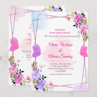 Whimsical Purple Pink Floral Rose Gold Wedding Inv Invitation