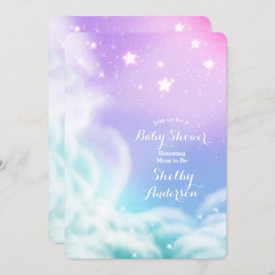 Whimsical Purple Pink Sparkle Clouds Baby Shower Invitation