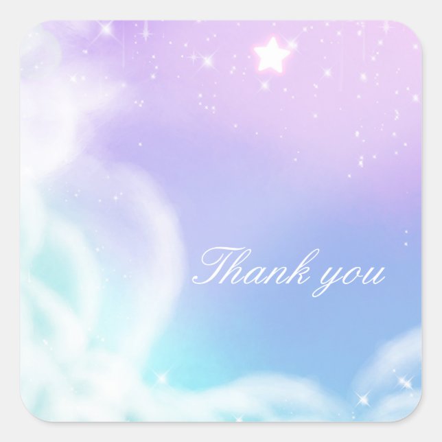 Whimsical Purple Pink Sparkle Clouds Baby Shower Square Sticker (Front)