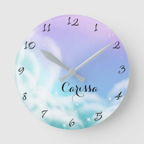 Whimsical Purple Pink Sparkle Clouds Cute Bedroom Round Clock