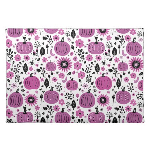 Whimsical purple pumpkin and fall floral pattern cloth placemat