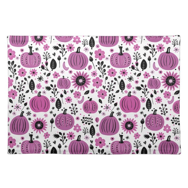 Whimsical purple pumpkin and fall floral pattern cloth placemat (Front)
