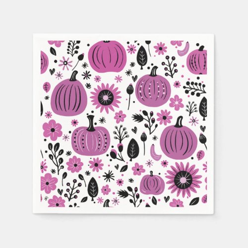 Whimsical purple pumpkin and fall floral pattern napkins