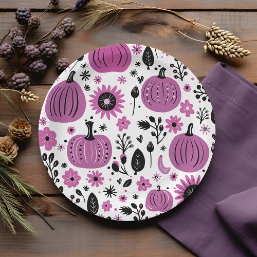 Whimsical purple pumpkin and fall floral pattern paper plates