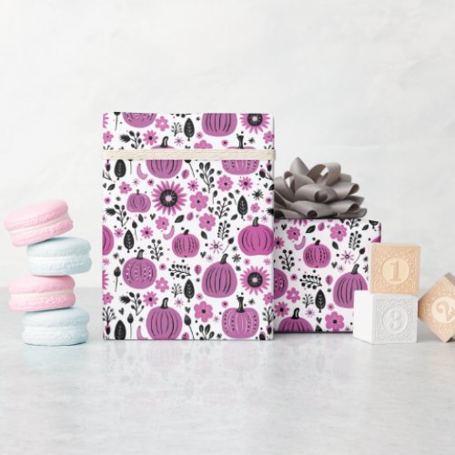 Whimsical purple pumpkin and fall floral pattern wrapping paper